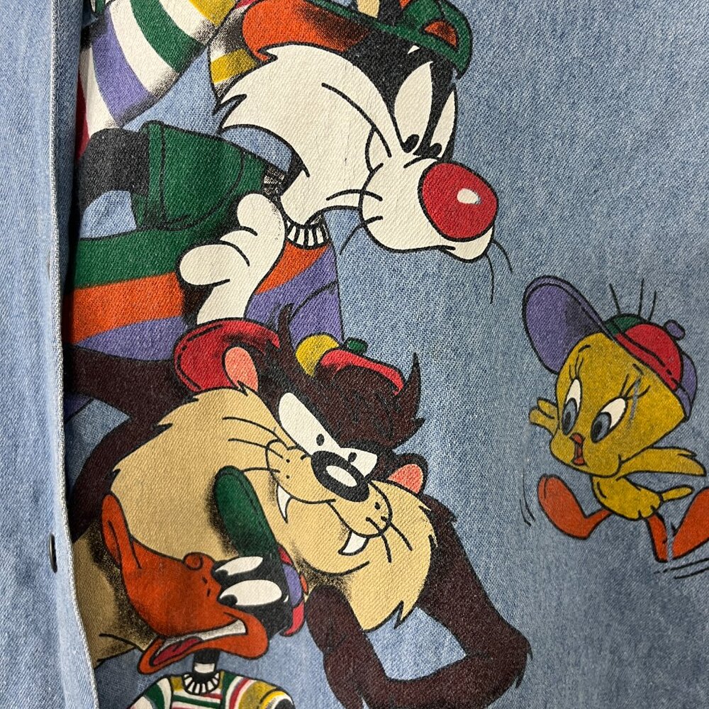 Vintage 90s Large Blue Looney Tunes Button Down Sleeveless Collared Vest - Picture 8 of 12